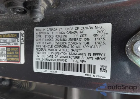 2020 Honda Cr-V 2Wd Lx из США, поврежденный, VIN 2HKRW1H20LH407762